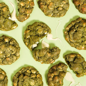Matcha White Chocolate New York Cookie by Crumbs & Doilies, showing green cookies with white chocolate chips.